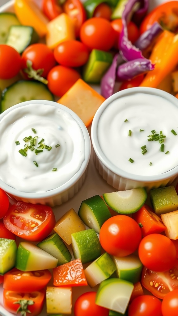A vibrant platter of fresh vegetables and Greek yogurt dressing, ideal for healthy snacking.